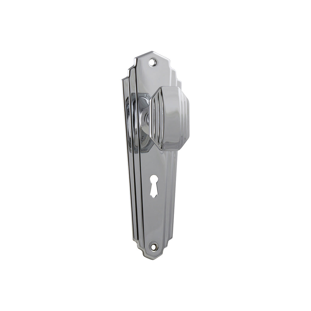 Elwood Art Deco Door Knob - Long Backplate Chrome Plated / Lock (Skeleton Key) / Lever Set Only