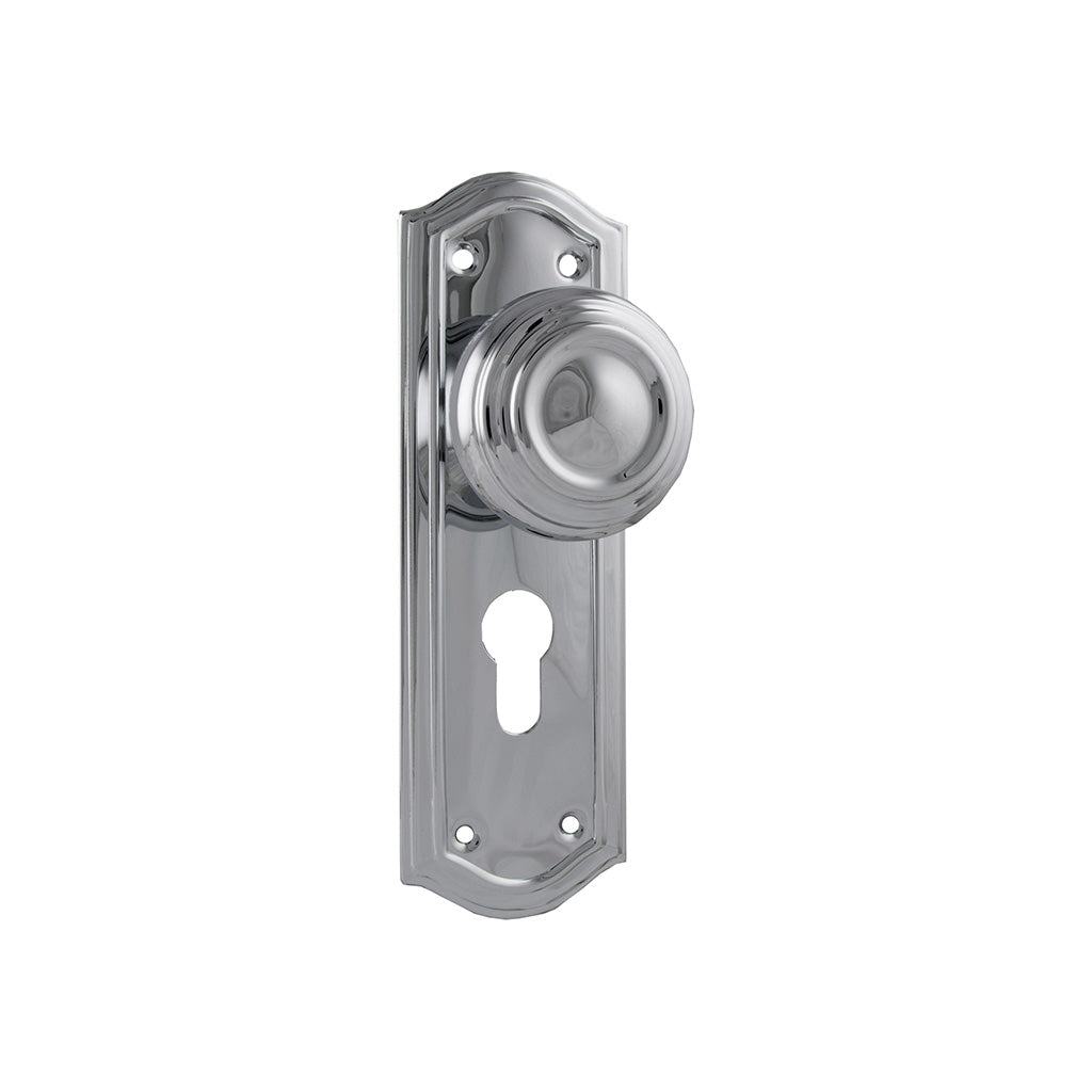 Kensington Door Knob - Long Backplate Chrome Plated / Entrance / Lever Set Only