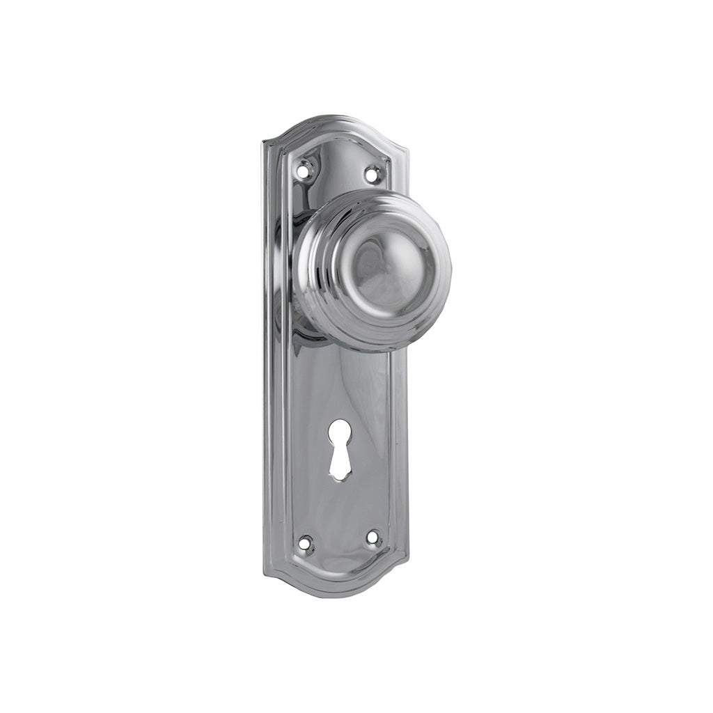 Kensington Door Knob - Long Backplate Chrome Plated / Lock (Skeleton Key) / Lever Set Only