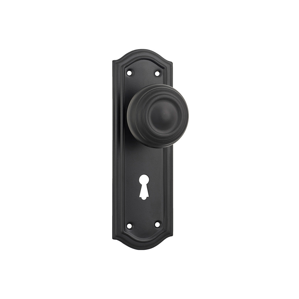 Kensington Door Knob - Long Backplate Matt Black / Lock (Skeleton Key) / Lever Set Only