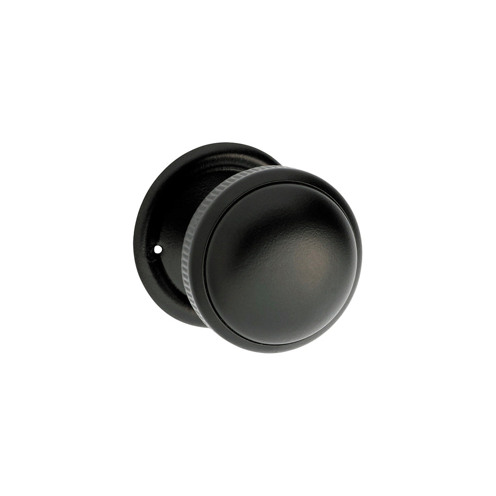 Small Milled Edged Mortice Knob - Round Rose Matt Black / Passage / Lever Set Only