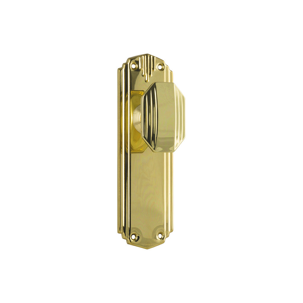 Napier Art Deco Door Knob - Long Backplate Polished Brass / Passage / Lever Set Only