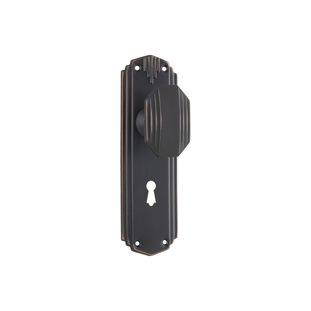 Napier Art Deco Door Knob - Long Backplate Antique Copper / Lock (Skeleton Key) / Lever Set Only