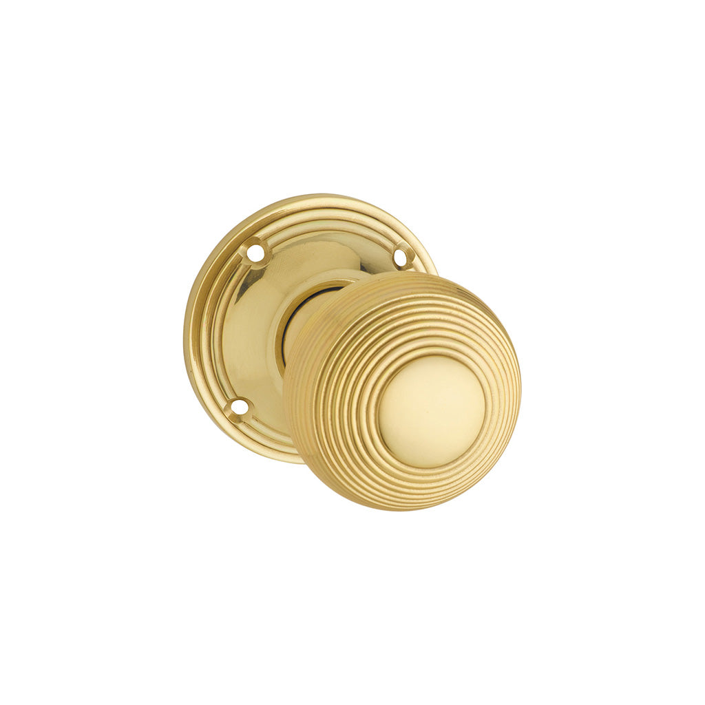 Reeded Mortice Knob - Round Rose Polished Brass / Passage / Lever Set Only
